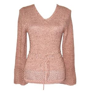 Ashaqi Blush Pink Knit Tie-Waist Bell-Sleeve Sweater